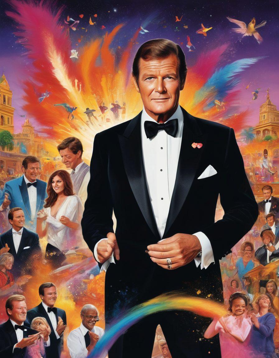 A dynamic collage featuring Sir Roger Moore in his iconic James Bond tuxedo, seamlessly blending into a warm, vibrant scene of charity work showcasing children and communities. Incorporate symbols of philanthropy like hearts, hands coming together, and gentle beams of light. Capture the essence of joy and impact with a backdrop of rich colors and action to highlight his legacy beyond filmmaking. super-realistic. vibrant colors. emotional tone.