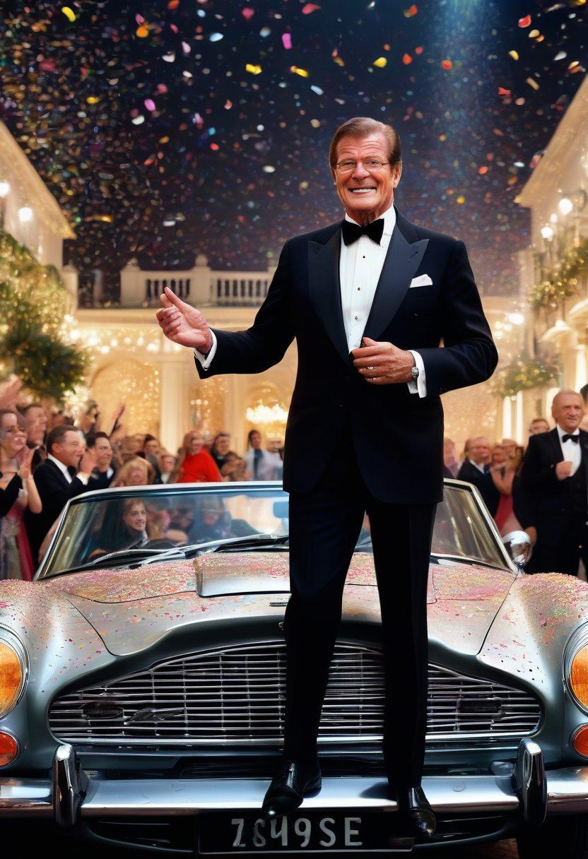 A vibrant, celebratory scene featuring a charismatic figure resembling Sir Roger Moore, dressed in a suave tuxedo, surrounded by iconic movie elements like a classic Aston Martin, film reels, and spotlights. Include joyful fans in the background, all amidst a festive atmosphere with confetti and bright colors capturing the essence of cinema. super-realistic. vibrant colors. cinematic style.
