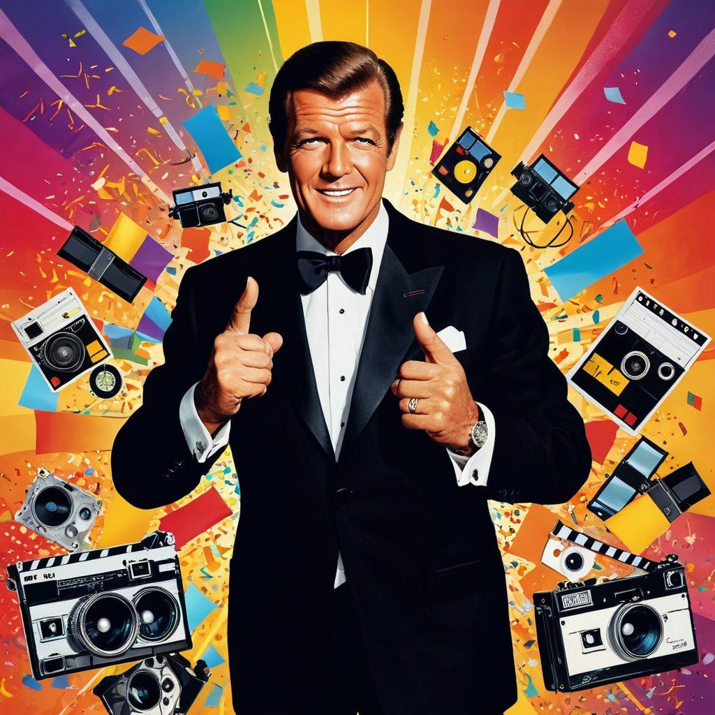 A dynamic and colorful collage featuring Sir Roger Moore, showcasing his iconic roles as James Bond with a smile, surrounded by elements symbolizing joy and entertainment such as film reels, accolades, and laughter. Incorporate a whimsical cloud of happiness overhead, with radiant sunbeams shining through. Depict a vibrant celebration atmosphere with confetti and bright colors to evoke bliss. painterly style. vibrant colors. cheerful ambiance.